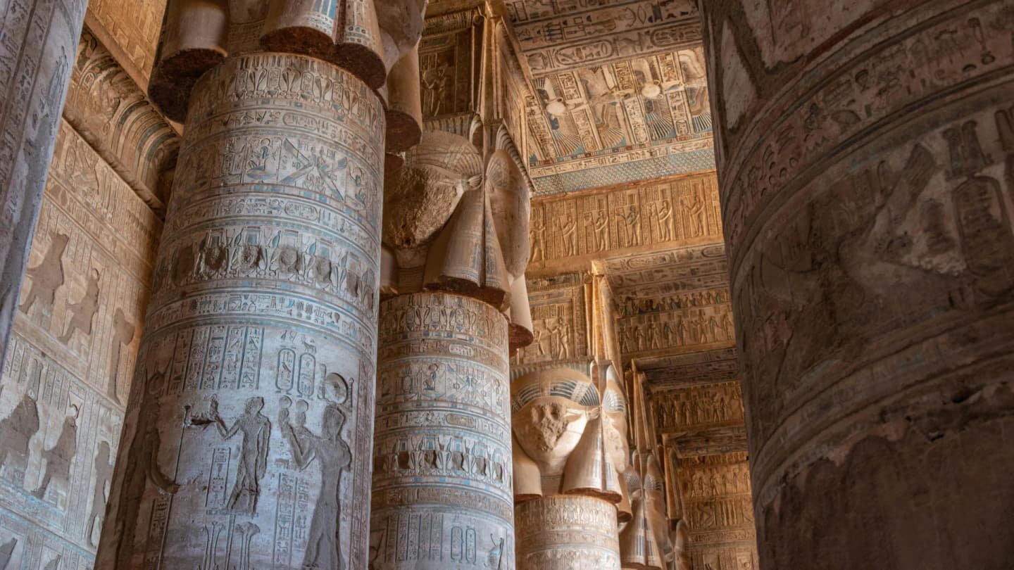 Dahab, Egypt - Explore the rich history of dendera temple adorned with detailed egyptian hieroglyphs.