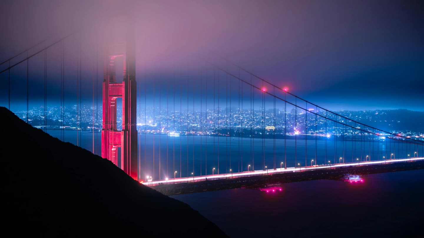 Makadi Bay, Egypt - Moody night view of the fog-covered golden gate bridge in san francisco.