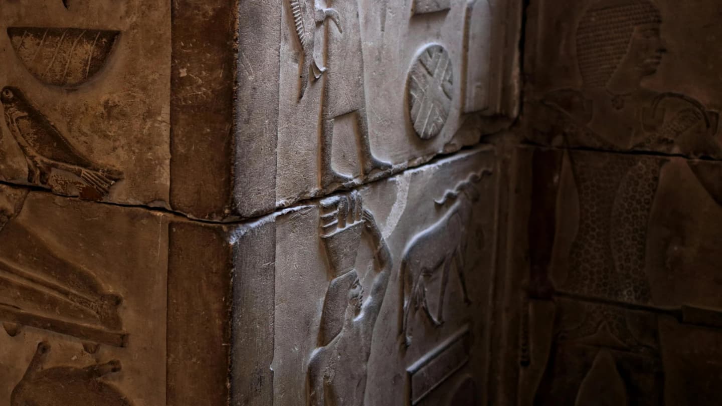 Soma Bay, Egypt - Close-up of detailed ancient egyptian stone carvings in a cairo museum showcasing cultural art and architecture.