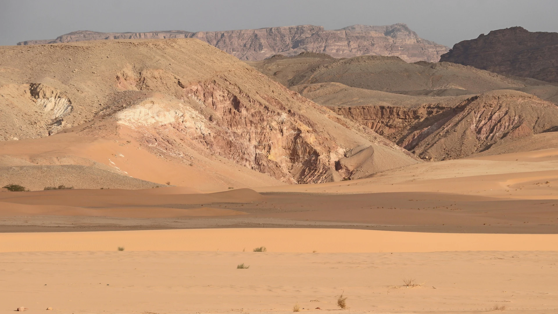 South Sinai, Egypt - Stunning view of arid desert scenery featuring sand dunes and rocky mountains under a clear sky.