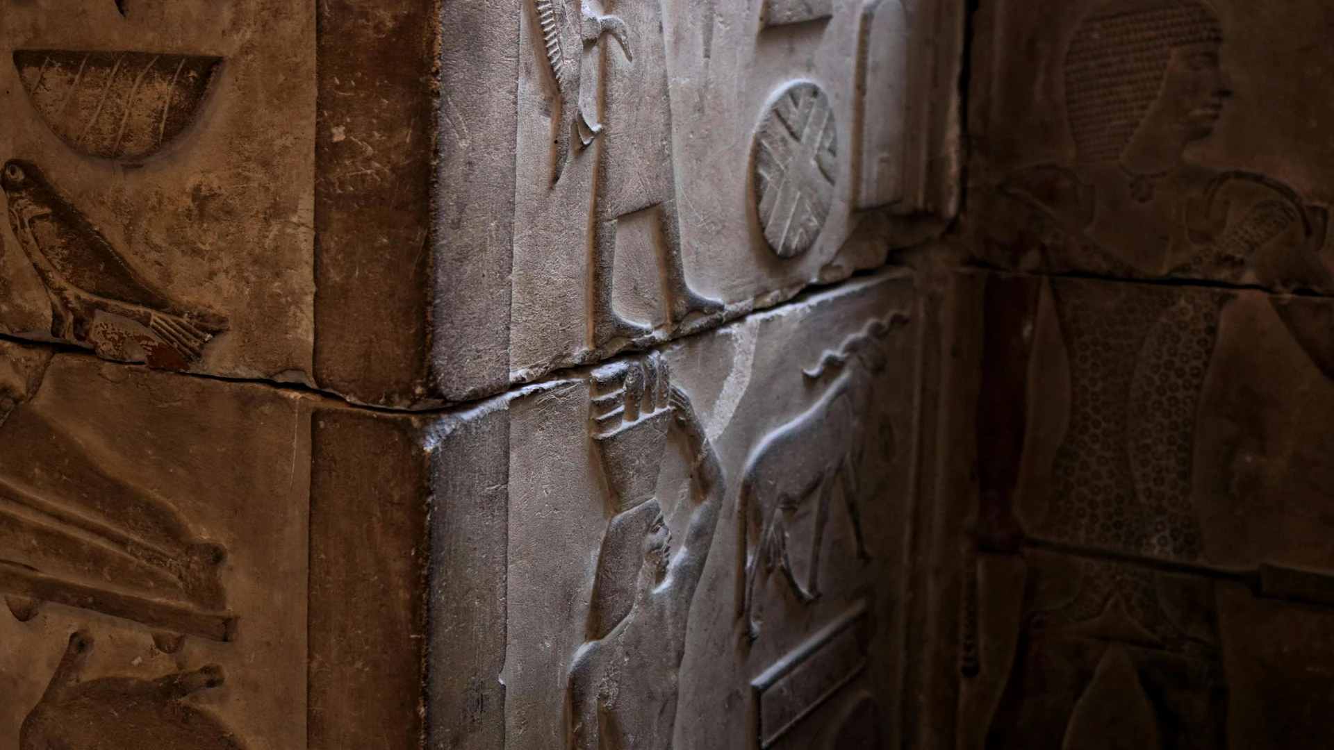 Sahl Hasheesh, Egypt - Close-up of detailed ancient egyptian stone carvings in a cairo museum showcasing cultural art and architecture.