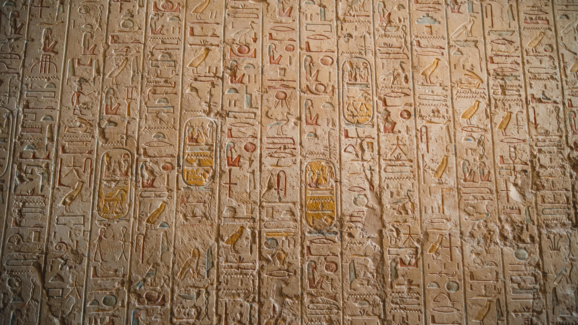Sahl Hasheesh, Egypt - Close-up of ancient egyptian hieroglyphs carved on temple walls, showcasing historical art.